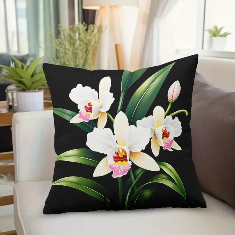 Black Background White Orchid Pillow Cover Realistic Floral Print 18x18 Inch Square Polyester Home Decor