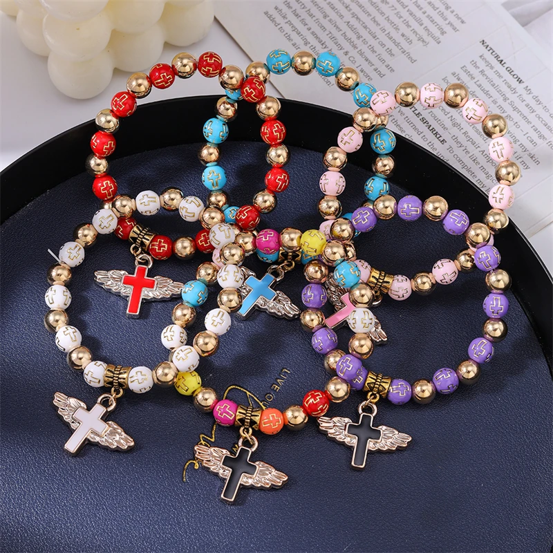 Modisches handgefertigtes Armband mit bunten Perlen für Damen, Kreuzanhänger-Armband, Freundschaftsschmuck, Geschenke für Mädchen – Detail 3