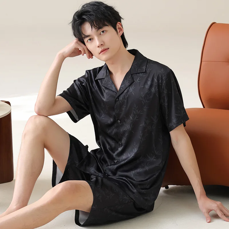 New Summer Cardigan Man Pajamas Ice Silk Fashion Sleepwear for Men 3XL 4XL Leisure Casual Nightwear Pijamas Set pyjama homme
