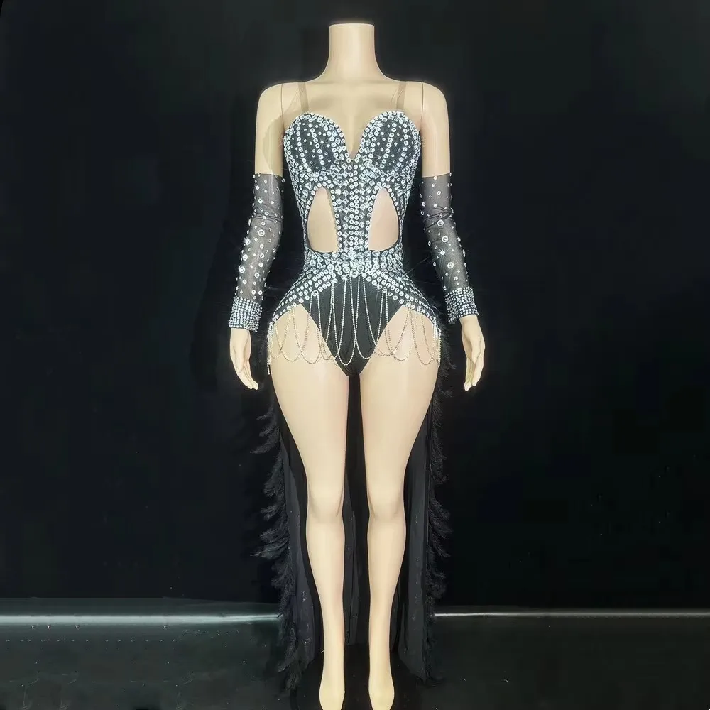 Body de plumas negras con diamantes para mujer, traje de cantante de club nocturno, disfraz de Drag Queen para traje de baile, ropa de actuación en equipo