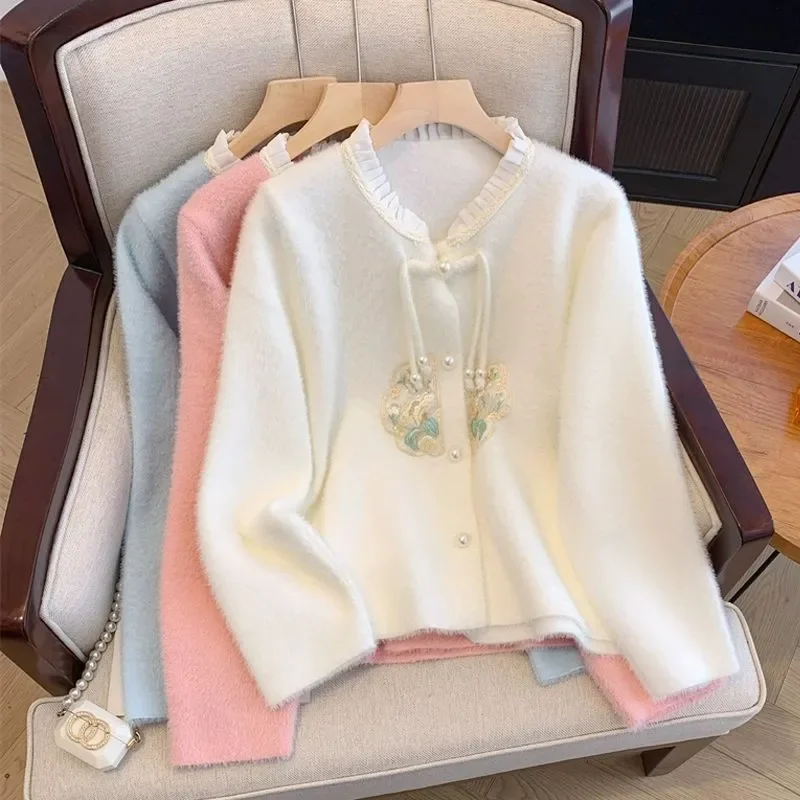 

New Chinese Style Elegant Knitted Cardigan Autumn Winter Women Casual Vintage Floral Embroidery Sweaters Female Sweet Coat Tops