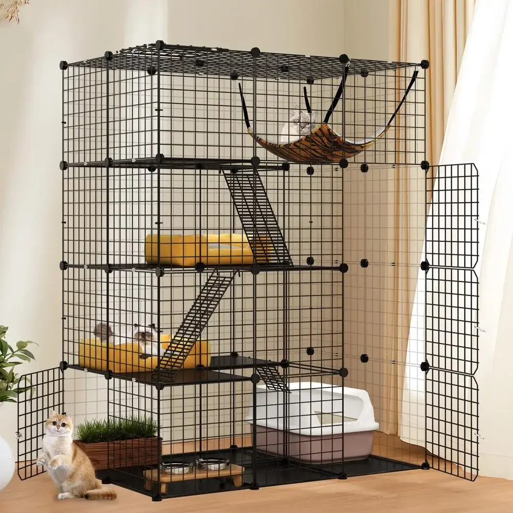 Cat Cage with Hammock DIY Large Metal Wire Cat Kennel Easy Assembly Spacious Catio Multi-Cat Homes