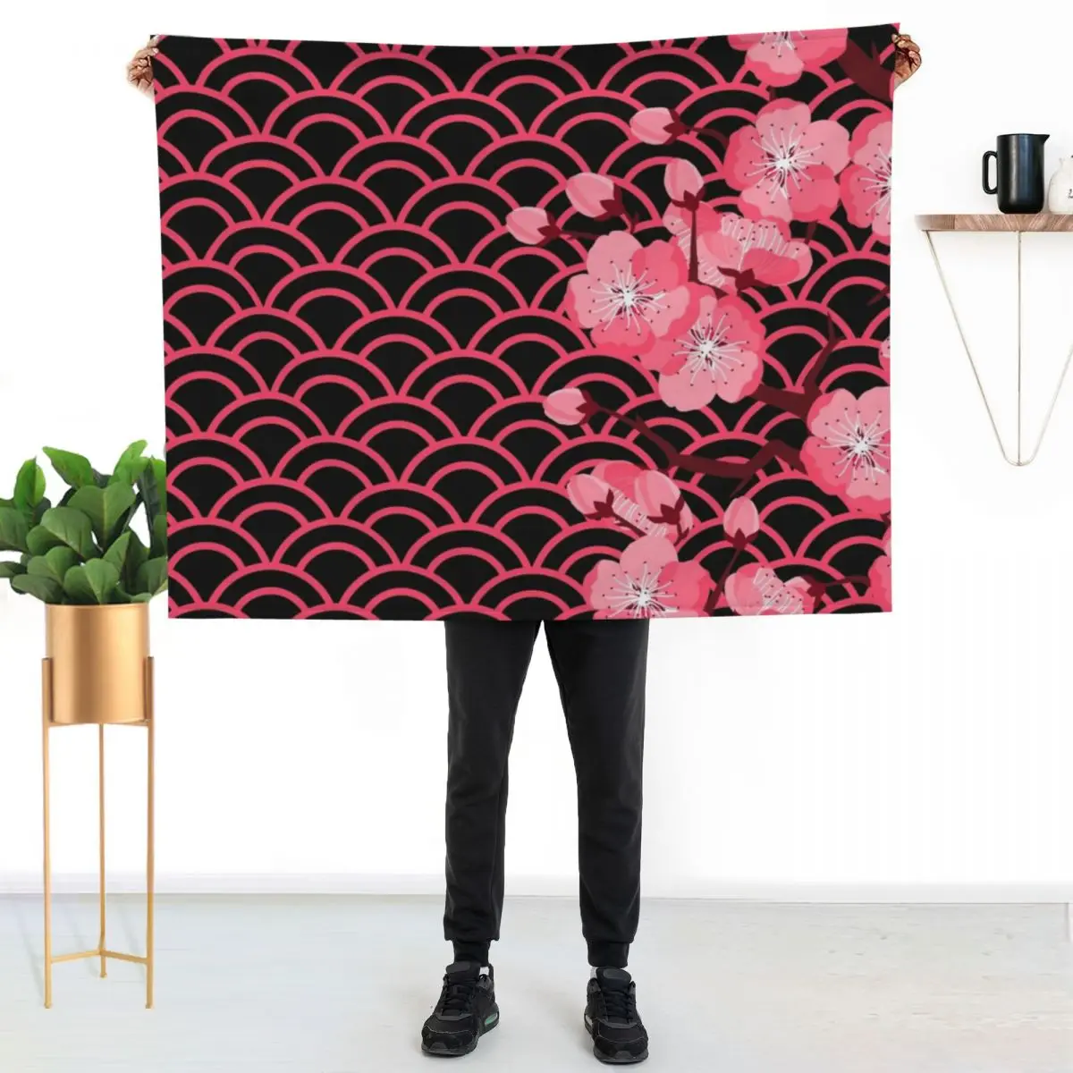 Bright Pink Japanese Sakura Flowers On Pink Wave Pattern Throw Blanket Beach Soft Big Decoratives heavy to sleep Blankets