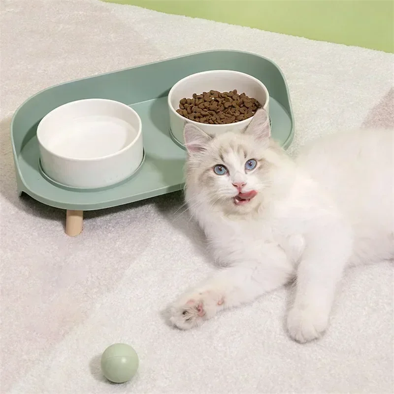 

Ceramic Cat Food and Water Feeder with Double Bowls Wooden Stand Pet Tableware Drinking Dish Food Tray for Cats