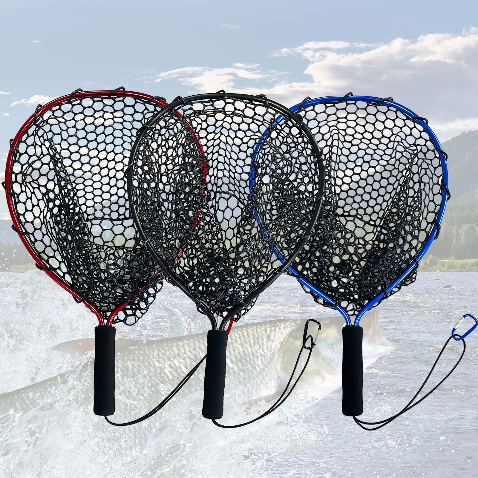 Red de aterrizaje de silicona suave, mango de aleación de aluminio, malla fina plegable para liberación de captura, pesca con mosca, Kayak, salmón, trucha, lubina