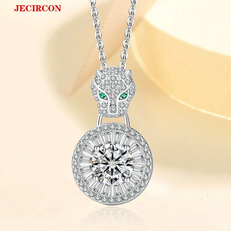 

JECIRCON 1CT кулон с головой леопарда из муассанита S925, ожерелье из стерлингового серебра для женщин, изысканное ожерелье с зелеными глазами, яркий огненный бриллиант