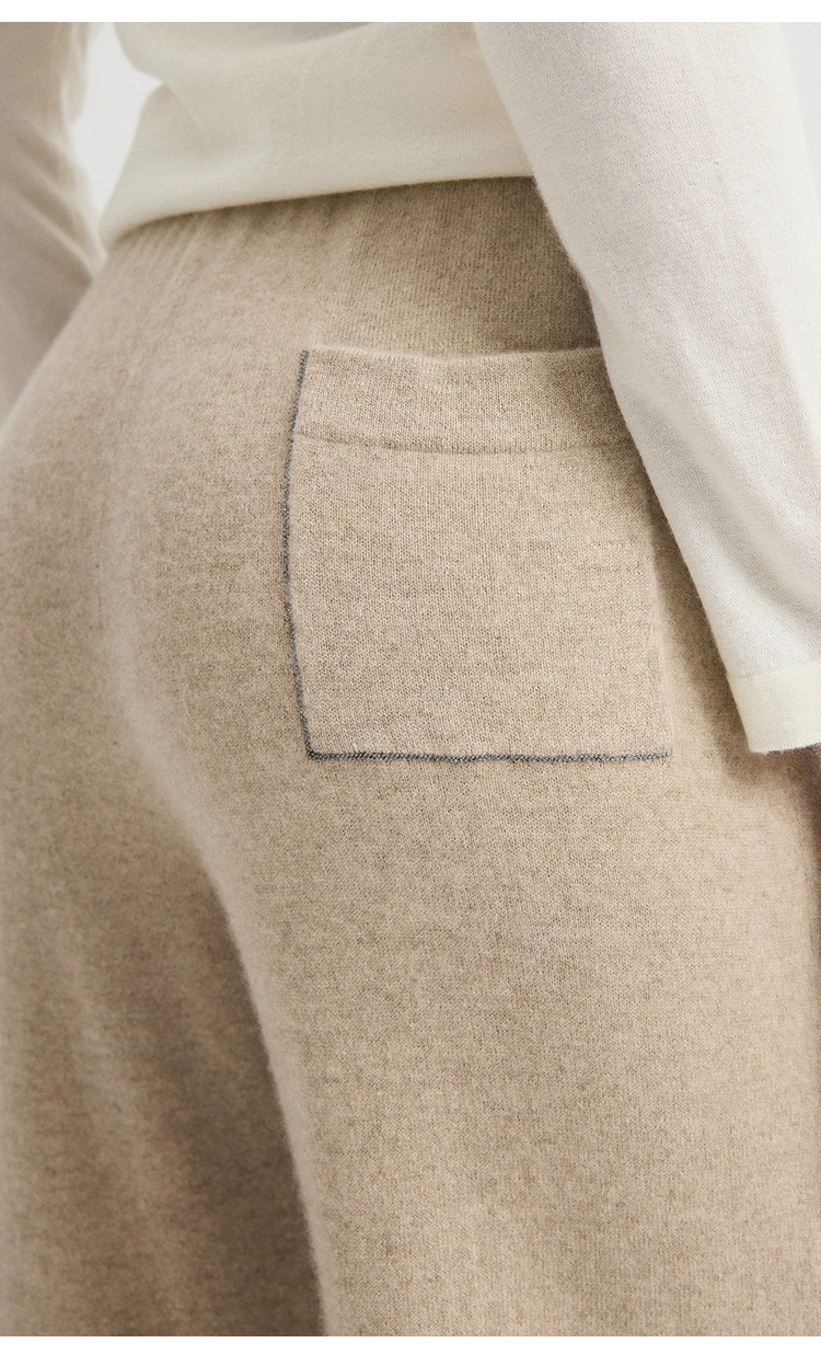 BY4621762 Damen 100% Kaschmir Weite Hose mit geripptem, elastischem Bund, Gesäßtasche, Kettenrand, entspannte Passform, Frühherbst – Detail 9