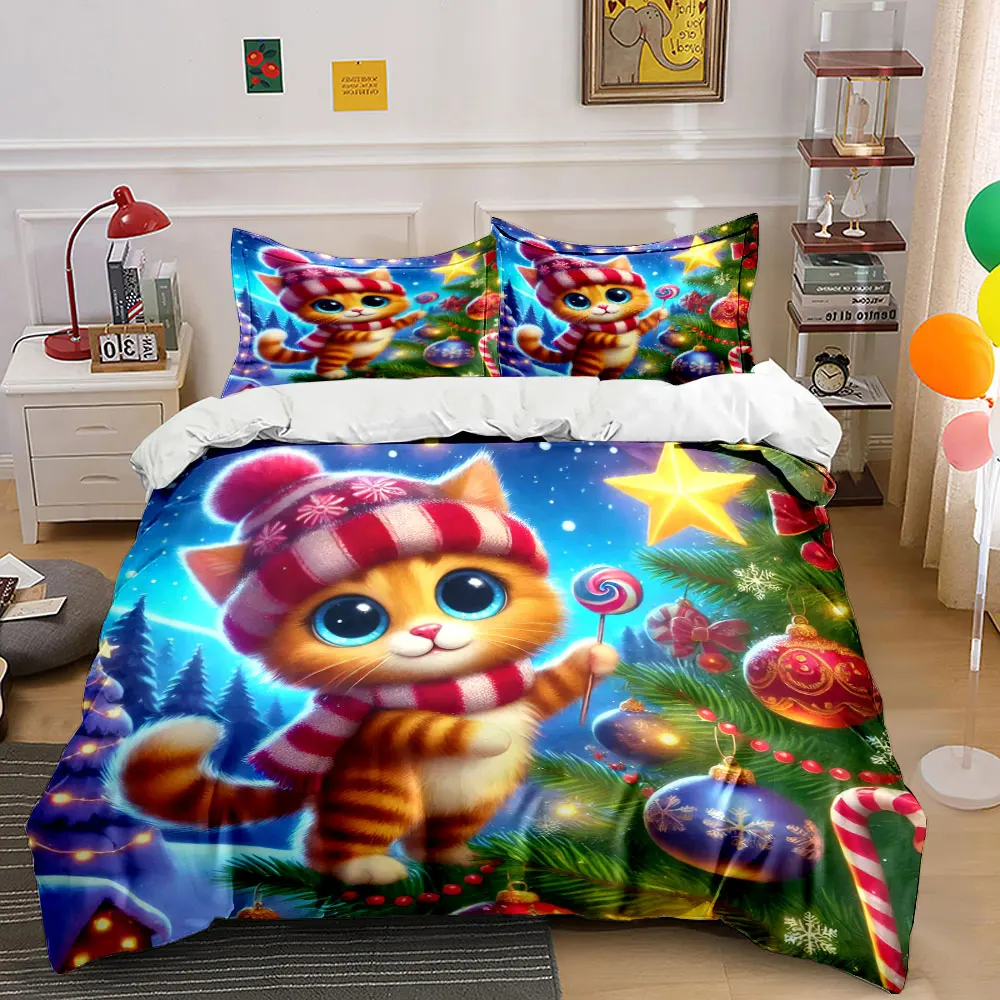 A festive cat decorates the Christmas tree with a lollipop Print Duvet Cover Bedding Set Included 1*Duvet Cover 2*Pillowcases