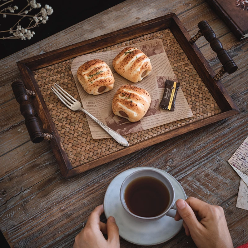 

Retro wooden bamboo woven dim sum breakfast large tray binaural rectangular flat plate fruit plate tea tray