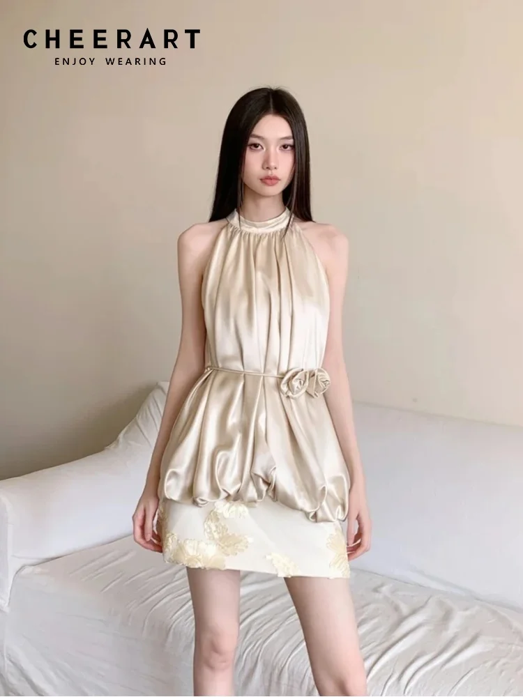 

CHEERART Gold Pleated Halter Neck Sleeveless Elegant Tops For Woman Summer Rose Fashion Halterneck Top Luxury Designer Clothing
