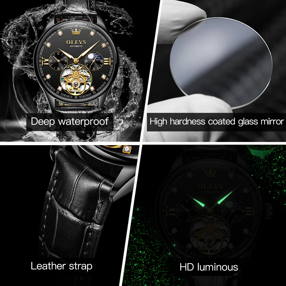 OLEVS 3601 Mens Watch Original Business Brand Mechanical Watch Waterproof Luminous Moon Phase Leather Strap Reloj Mens Gifts