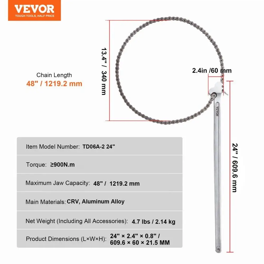 Llave de cadena, cadena de 48 pulgadas para llave de tubo, capacidad de 13,4 pulgadas de diámetro, para crv Reversible para llave de herramienta de instalación de tuberías con