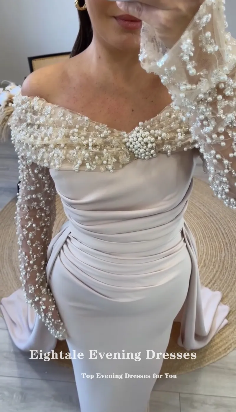 Eightale Arabic Evening Dress off Shoulder Sequin Pearls Long Sleeves Customized Mermaid Wedding Party Dress Vestido De Noche image 5