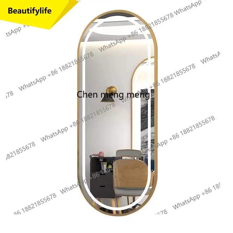X188 Barber Shop Oval Mirror Hair Salon Single and Double Sided Hair Salon Floor Mirror Table Full Body Mirror with Light