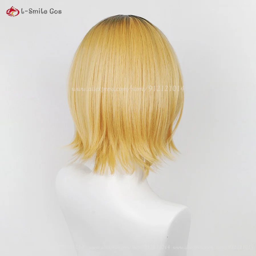 Anime Memu Cho Cosplay Wig 30cm Gloden Black Wig Mem Cute Cosplay Anime Wig Heat Resistant Hair Party Wigs + Wig Cap