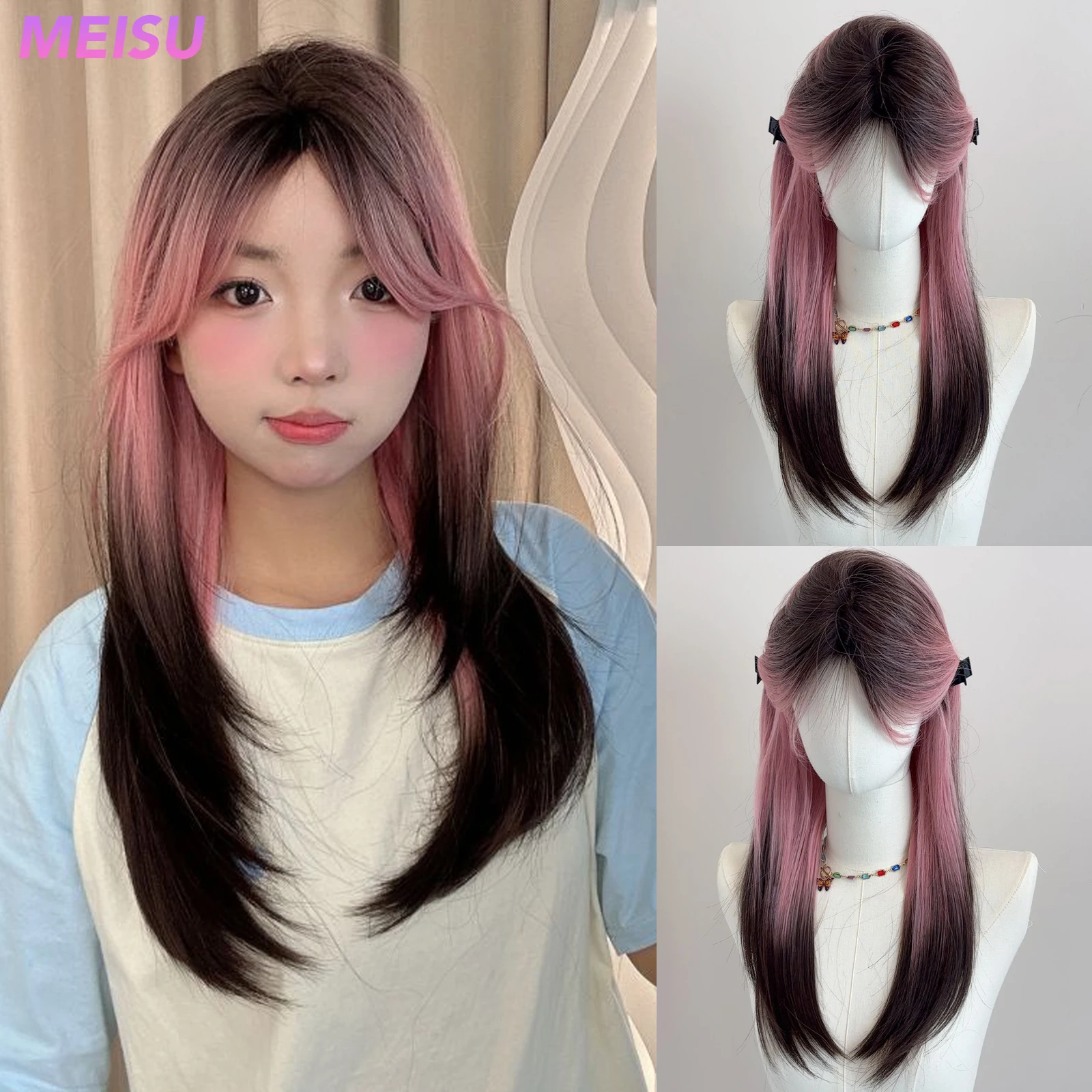 

MEISU 24-дюймовый парик с синтетической челкой, прямой розовый градиент, многослойное волокно, термостойкое вечерние или селфи для женщин