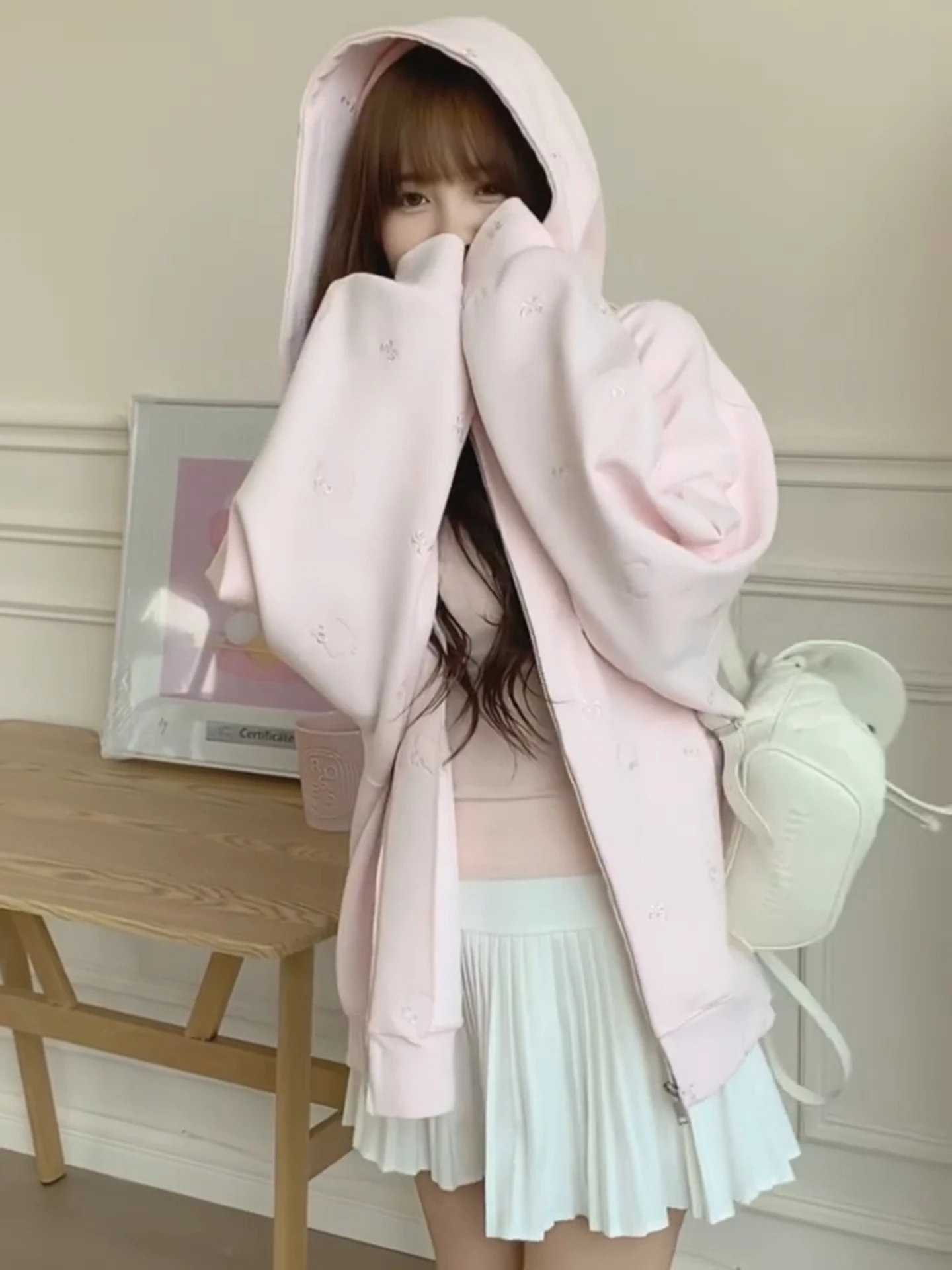 Pink Embroidered Hooded Jaet Women's Spring Autumn Thin New Korean Loose Top College Sle Open Cardigan Sweatirt