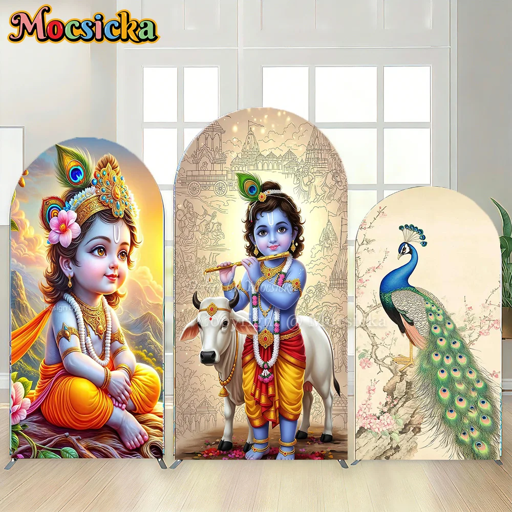 Mocsicka Krishna Birthday Arch Cover Backdrop Peacock Floral Chiara Wall for Indian Festival Background Baby Shower Photo Studio