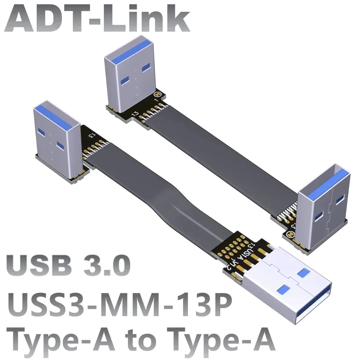 ADT Custom 5Gbps Flat Flexible USB 3.0 A Male To A Male Extension Adapter Cable USB 3.0 Male Type-A Dual 90 Bend Extension Cable