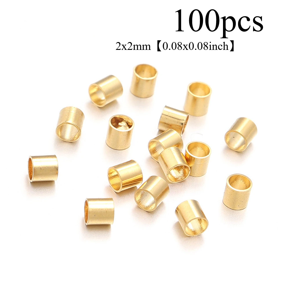 100pcs 201 Stainless Steel Crimp Beads, Column, Golden, 2x2mm, Hole: 1.5mm, Beads&beads Assortments, for Jewelry Making