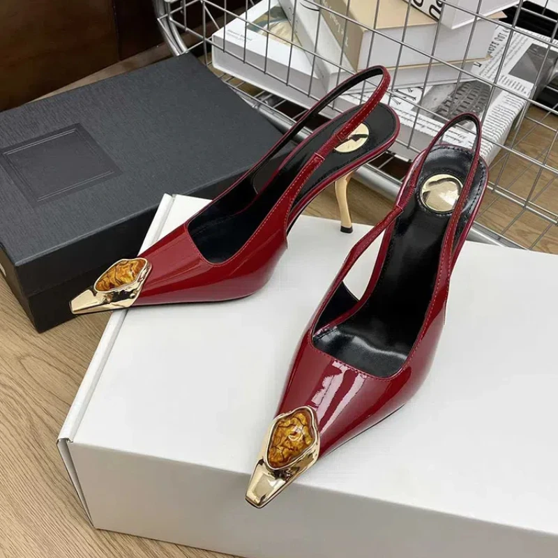 

New Spring and Summer Women's High Heels High-end Metal Square Head Patent Leather Stiletto Comfortable Back Sandals