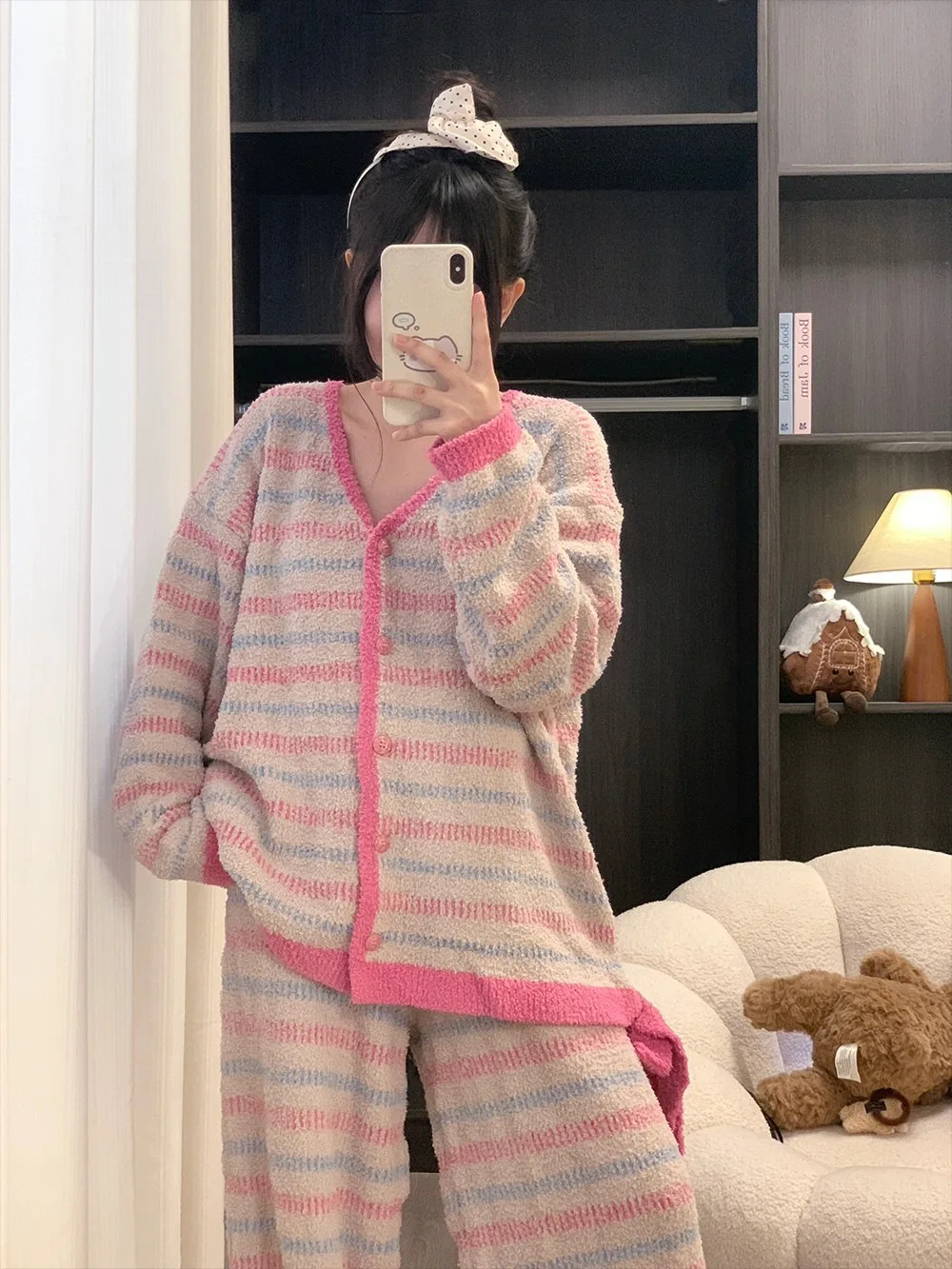 

Girl's Homeclothes Sleepwear Long Sleeved Half-Pile Cardigan Velvet Nightgown Pajama Women's Home Set Loungewear Autumn Winter