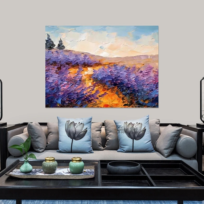 حجم كبير، فن قماش الكتان، لوحات زيتية للمناظر الطبيعية على شكل زهور، بدون إطار، صورة المناظر الطبيعية، تصميم أكريليك تجريدي