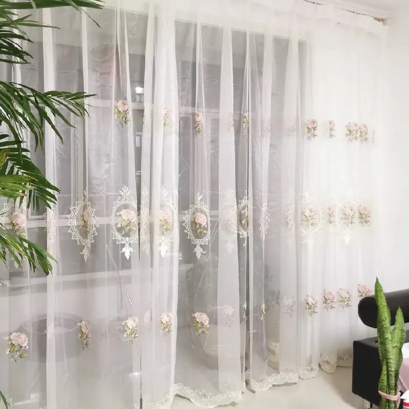 Luxury White European Embroidered  Sheer Curtains for Living Room Bedroom Floral Peony Tulle Window Drapes