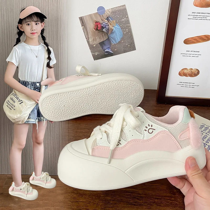 Kids Two Tone Platform Sneakers Mesh Leather Cute Paw Print Fluffy Tail Soft Thick Sole Daily Casual Walking Footwear