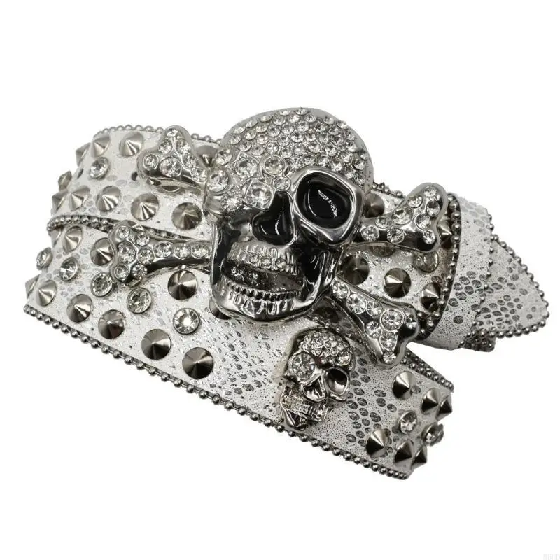 

M6CD Fashion Rhinestones Western Belt for Dresses Jeans Skull Buckle PU Belt Women Men Unisex Wasitband for Formal and Casual