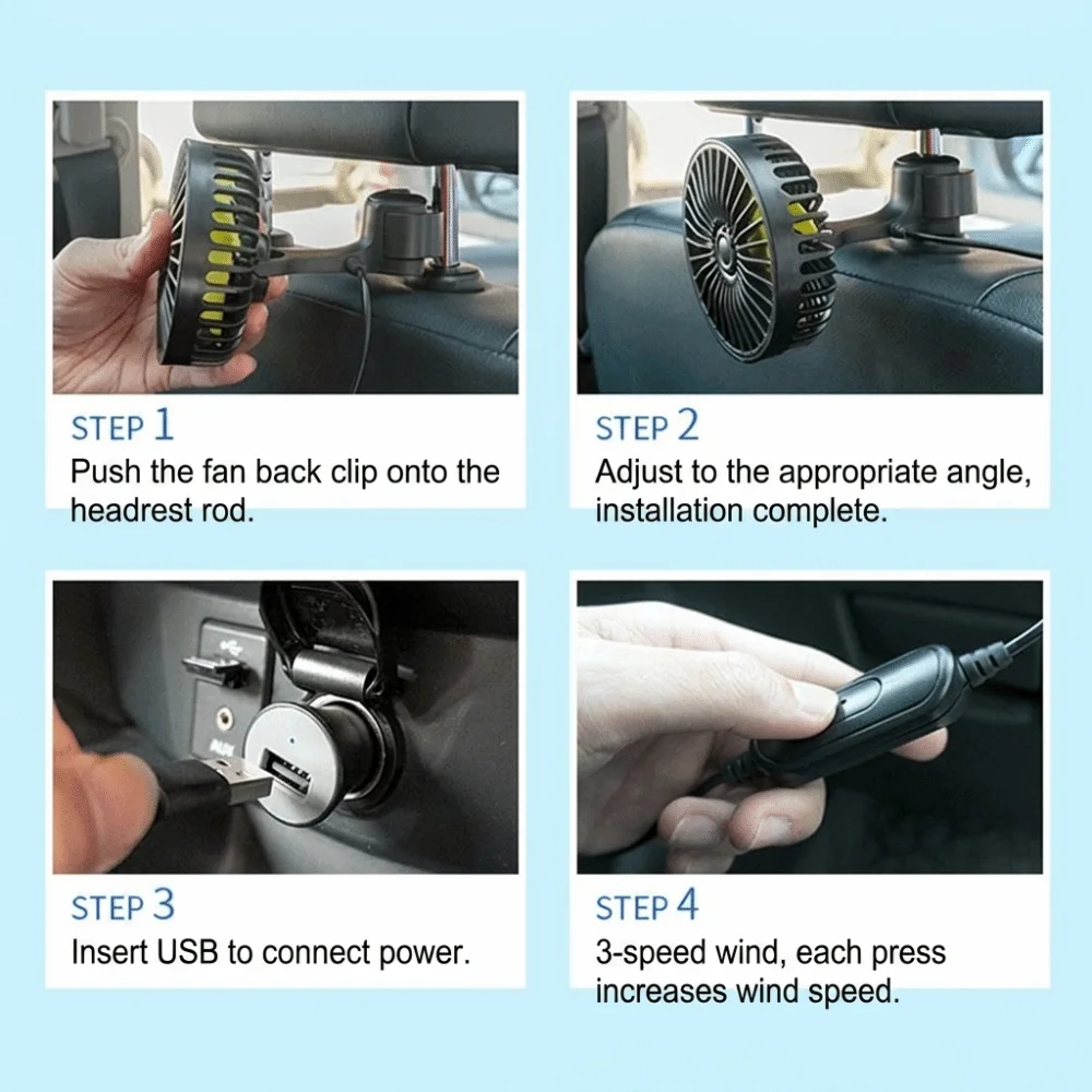 Portable 3-Speed Car Fan USB Charging Ventilation Car Back Seat Fan Single Head Automobile Cooling Fan Car Accessories