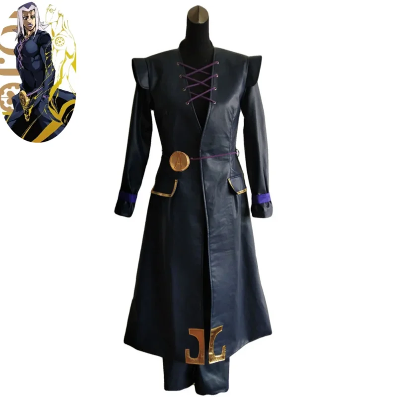 qq38Anime JOJO's Bizarre Adventure Golden Wind Leone Abbacchio Cosplay peluca PU abrigo largo capa hombre traje de Halloween