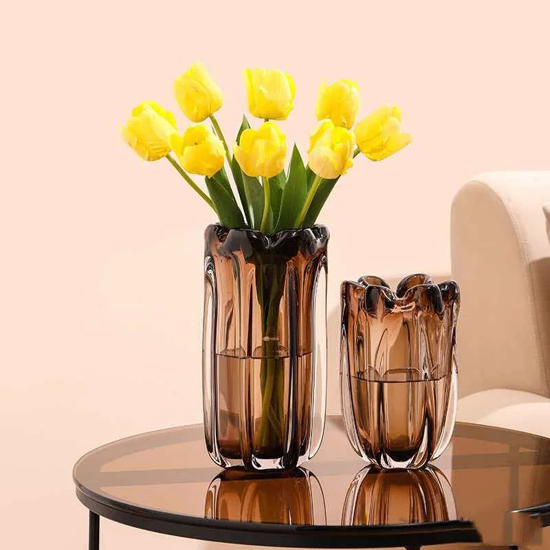 Concave Convex Relief Caramel Colored Glass Vase, Hydroponic Plant Flowerpot, Flower Arrangement, Room Aesthetic Decoration