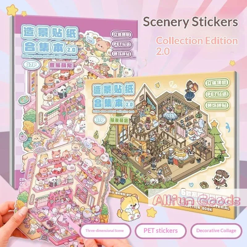 [TG835]Cute Cartoon 3D Scene Building Sticker Book PET Waterproof Stickers For DIY Journal Scrapbook Decor Craft Toys
