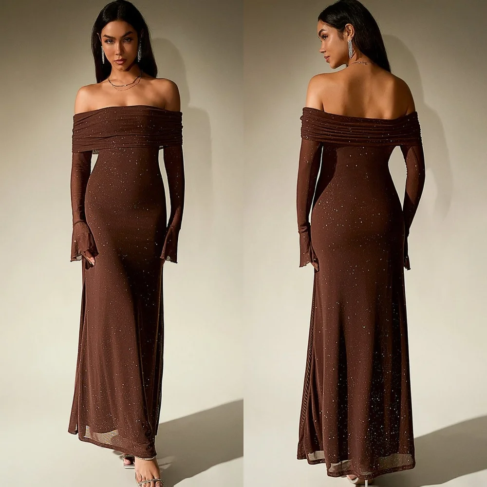 

Customized Sequined Pleat A-line Off-the-shoulder Midi Dresses Bespoke Occasion Evening Party Elegant Simple Sparkle