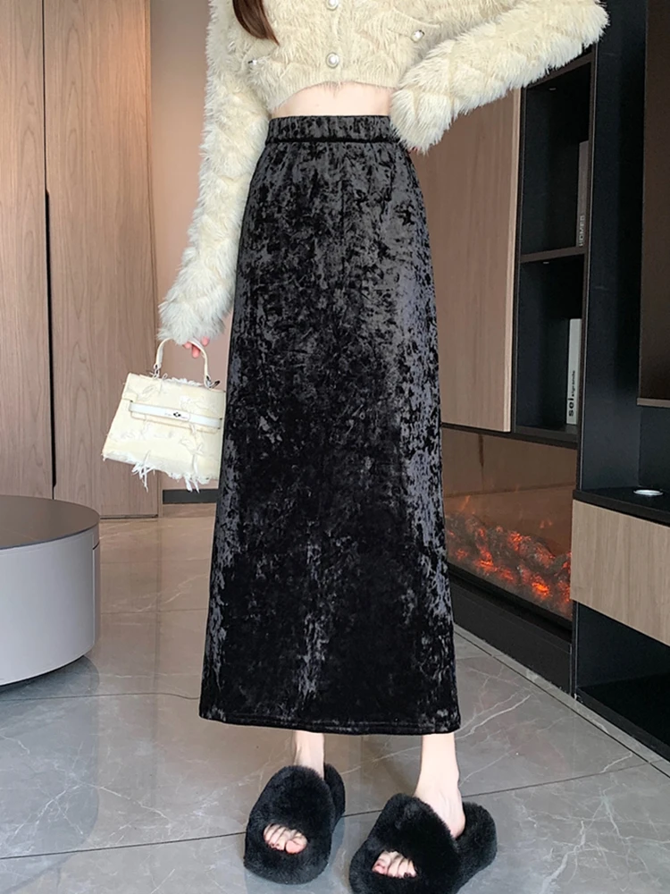 Autumn Winter Velvet Black Long Skirts Women High Elasitc Waist Mid Length Korean Fashion Y2k Clothes Slim Elegant Midi Skirt