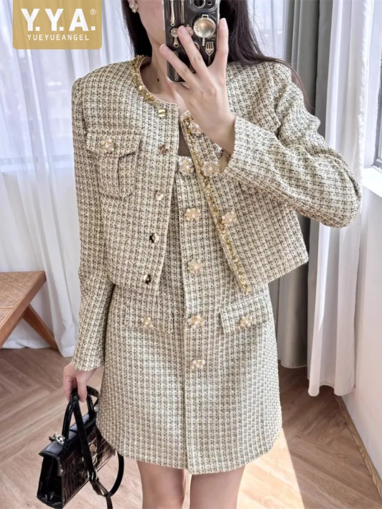 Autumn Office Ladies Slim Fit Work Tweed Set Elegant Women Banquet Shiny Sequined Matching Sets Birthday Party Twill Outfits