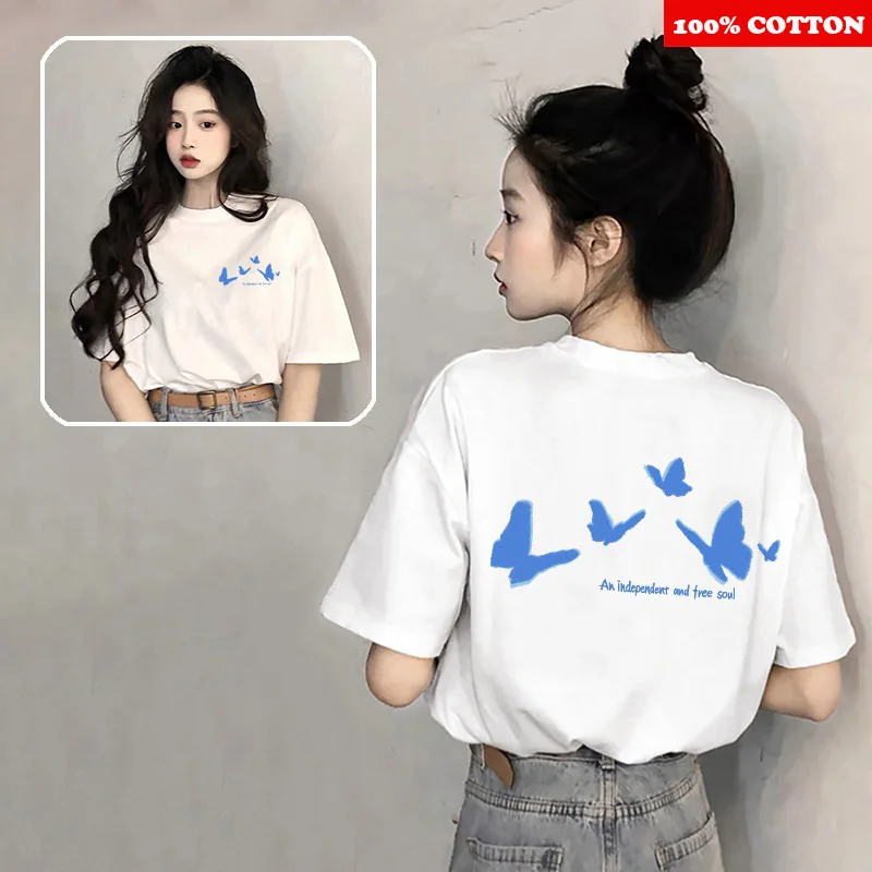White Pure cotton Short sleeved T-shirt Women Summer 2025 New 100% Cotton Korean Flower Print Loose Tee Y2k Tops Female clothing