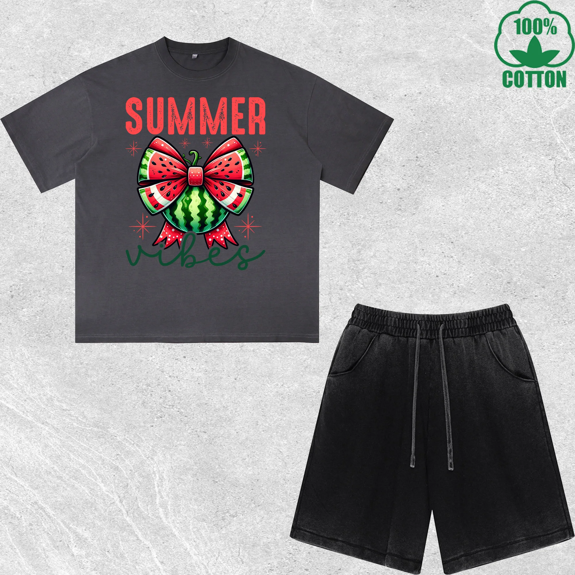 

Summer Vibes Watermelon Printed Dirty Wash T-Shirt Shorts Set Multicolor Combo Loose Trendy Fashionable 100%Cotton