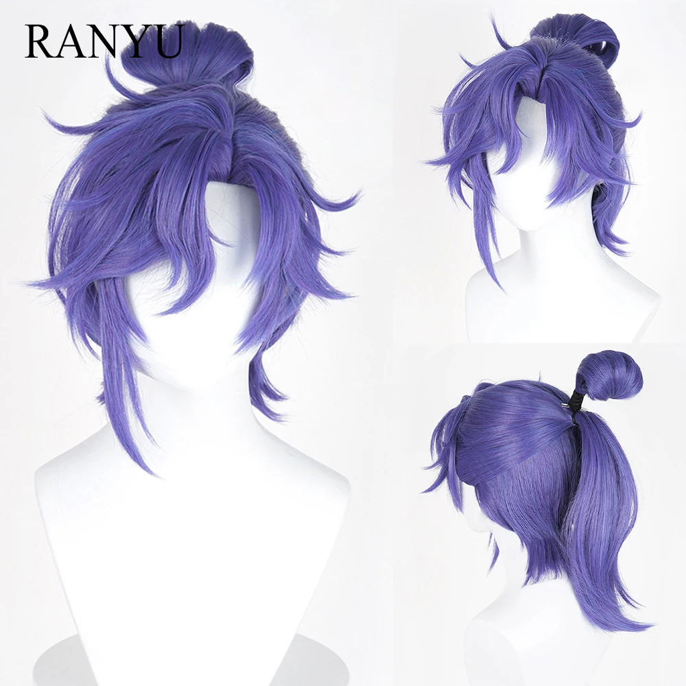 Blue Purple Synthetic Medium Long Straight Wigs Middle Part Anime Game Cosplay Fluffy Wig for Daily Party