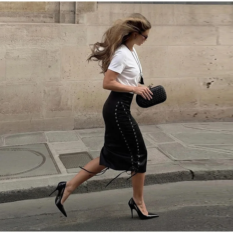 Seitlich gebundener, figurbetonter Midirock für Damen, sexy, hohe Taille, Hüftbetonter Schnitt, Schnürung, figurbetonter Rock, charmante Damenmode, einfarbig, schmal geschnitten, neu für Partys. – Detail 9