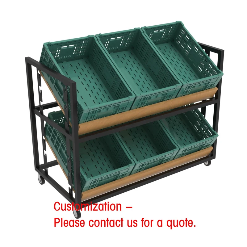 custom.Easy Movable Displayrack Supermarket Wooden Island Vegetable Rack with Wheels