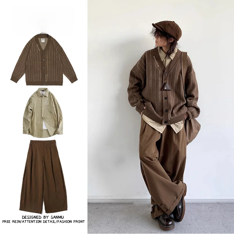 

Spring ex Stripe Knitwear Set V-Ne Long Sve Casual Sportswear Teenagers Faion College Sle Neutral Single Piece
