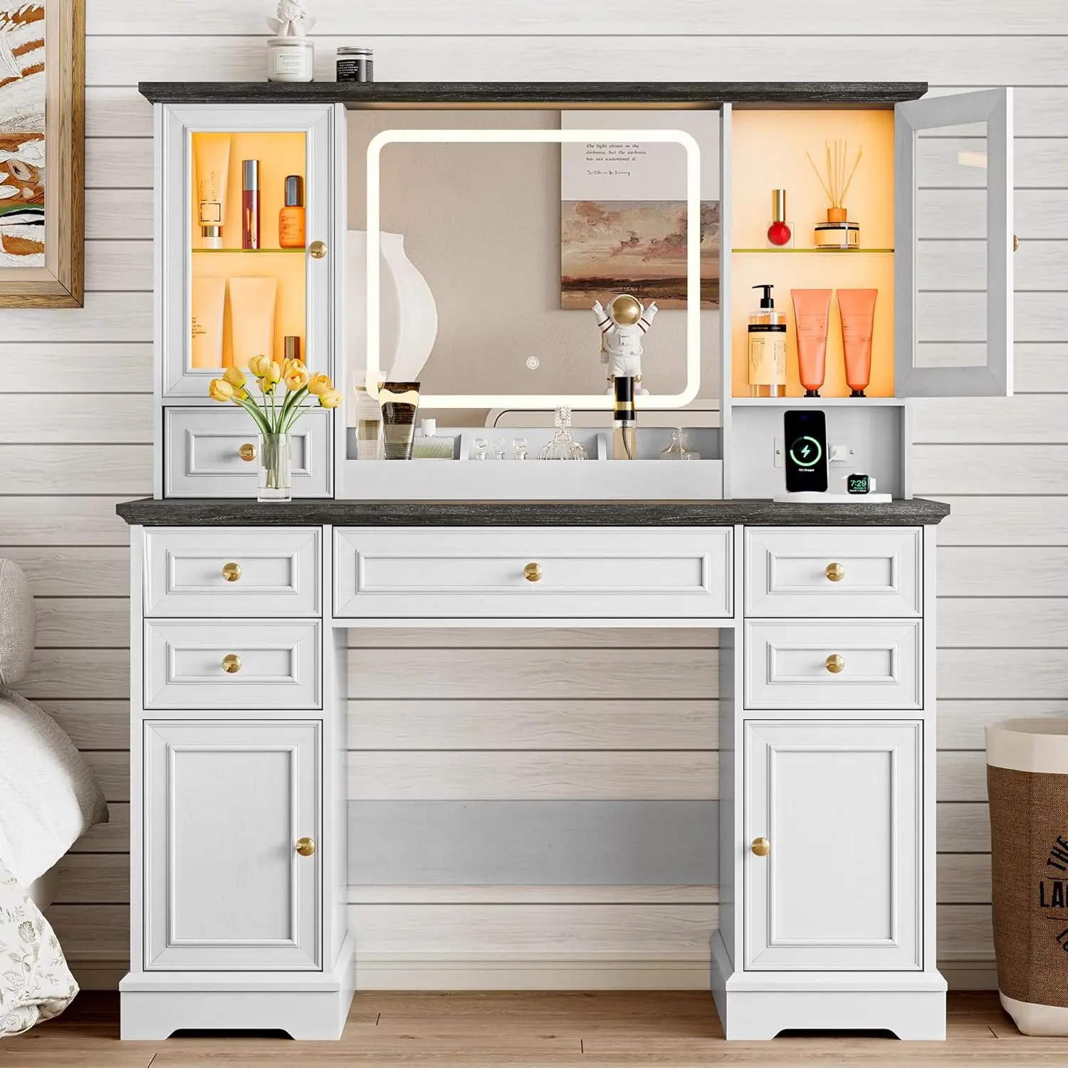 

Desk with HD Lighted Mirror & Power Outlet, Farmhouse Makeup Vanity Table Set with Storage Drawers & RGB Cabinets, Large