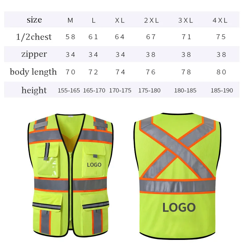 Size M-3XL Safety Vest Reflective High Visibility ANSI Class 2 Vest with Pockets and Zipper Construction Work Vest Men and Women