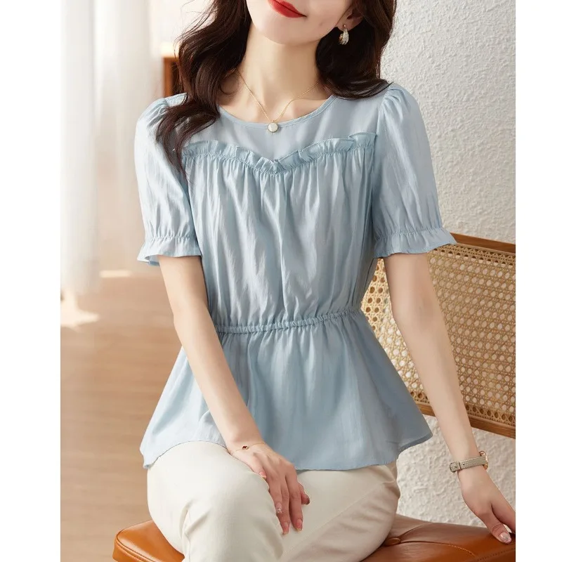 Simple Temperament Round Neck Solid Color New Summer Women's Clothing Pleated Wood Ear Edge Fashion Waist Cinching Chiffon Tops