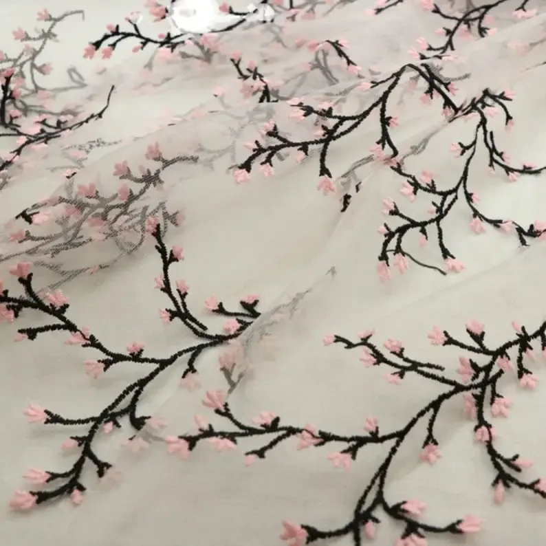 

Pink flower Bud Black Branch Embroidered Mesh Lace Fabric for Fairy Dress, Wedding Gown, Girl Dress, By 1 Yard