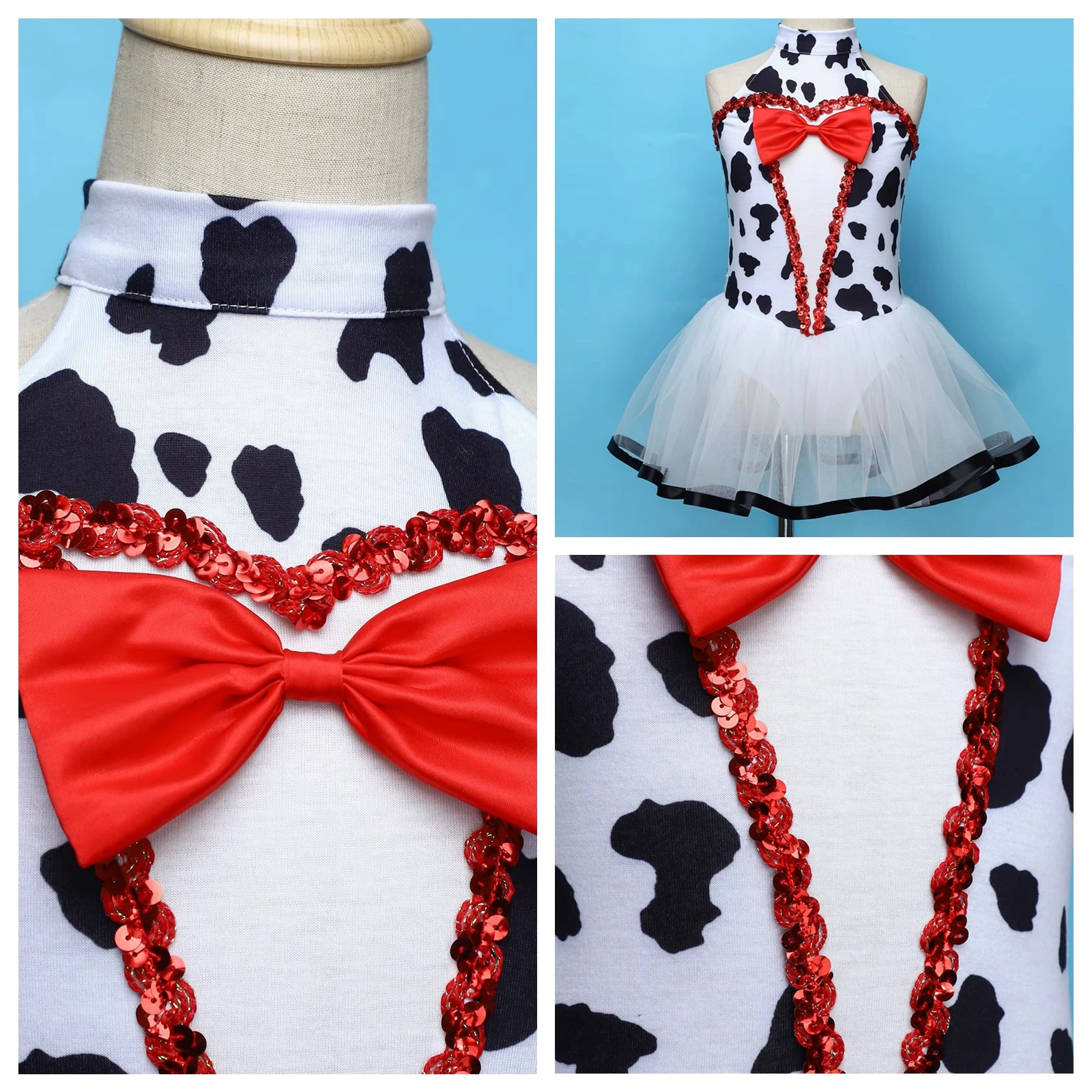 Mädchen Rollenspiel Dalmatiner-Kostüm Tutu-Kleid Halloween Gefleckter Hund Faschingskostüm Bedrucktes Netz-Leotard-Kleid Themenparty-Outfits