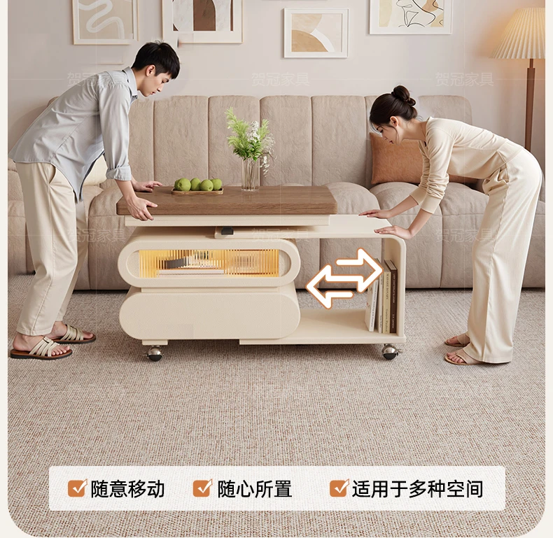 

Medieval cream wind lifting retractable coffee table movable designer small apartment rotating edge trolley solid wood