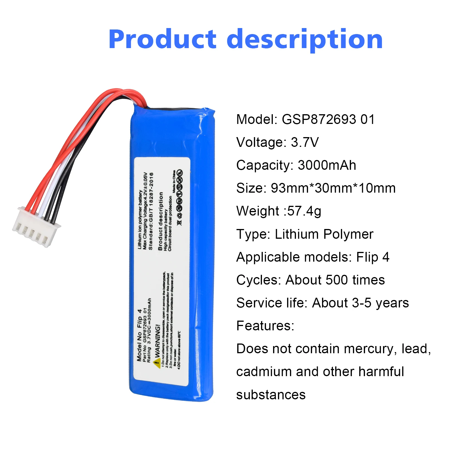 PALO 3.7V 3000mAh Battery  gsp872693 01 Rechargeable Battery Pack for JBL Speaker Flip 4, Flip 4 Special Edition